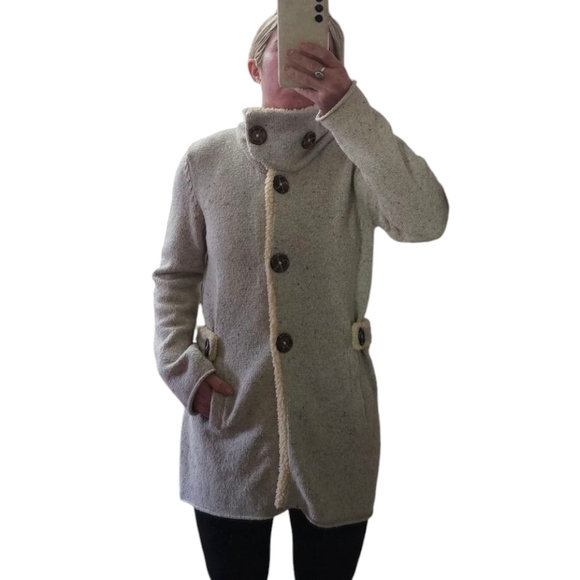 MARTINEZ Cotton blend Sweater jacket marbled grey with sherpa collar. Size S/M - Picture 2 of 15